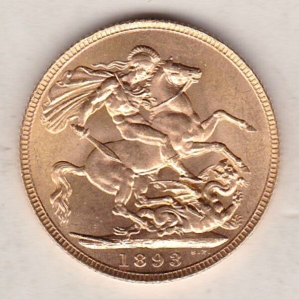 1893 Gold Sovereign Coin featuring Queen Victoria Old Head on the Obverse and St George & the Dragon on the Reverse. London Mint.