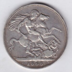 1895 LVIII Silver Crown Coin featuring Queen Victoria old head or vailed head on the Obverse and the St George & dragon design on the reverse.