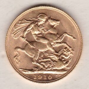 1910 Gold Sovereign Coin. The coin features King Edward VII on the Obverse. St George and the dragon on the reverse. London Mint.