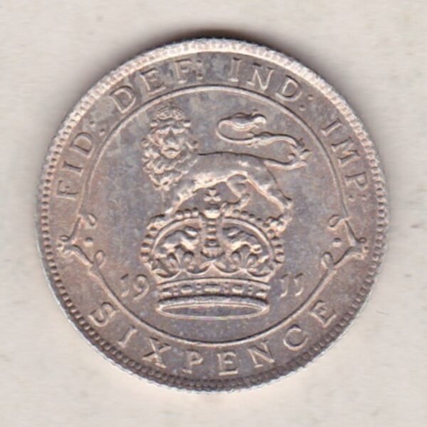 1911 Silver Sixpence coin featuring King George V on the Obverse. The Reverse features a crowned lion with date and denomination.