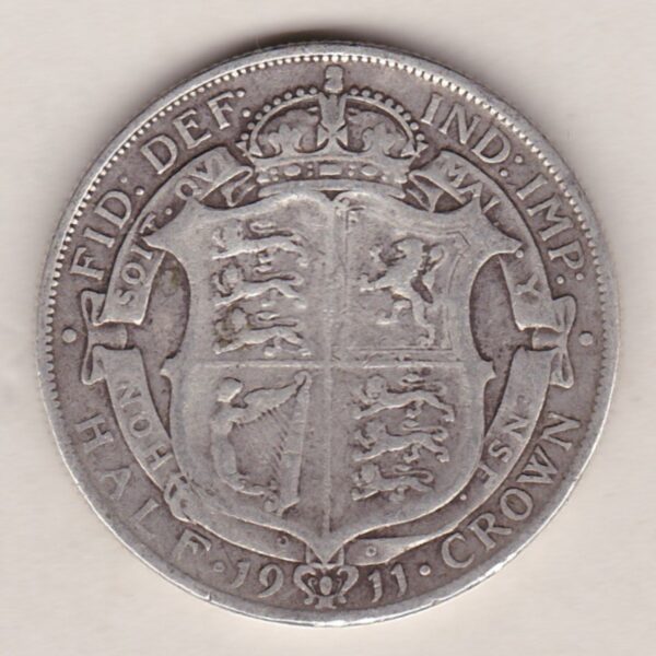 1911 Silver Halfcrown coin featuring king George V on the Obverse. The Reverse features a crowned quartered shield of arms.