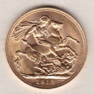 1912 P Gold Sovereign Coin. The coin features King George V on the Obverse. St George and the dragon on the reverse. The P - Perth, Australia mintmark.