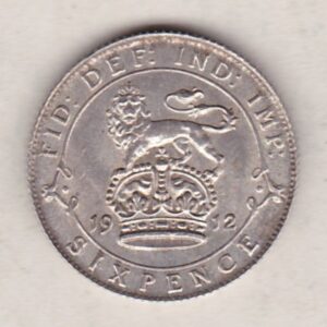 1912 Silver Sixpence coin featuring King George V on the Obverse. The Reverse features a crowned lion with date and denomination.