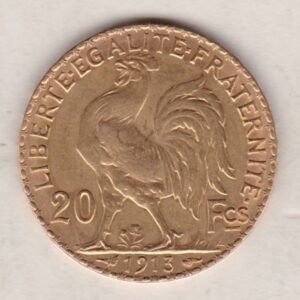 1913 France Gold Twenty Francs features the bust of Marianne, France's national symbol on the Obverse. The rooster is on the Reverse.