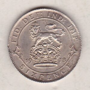 1913 Silver Sixpence coin featuring King George V on the Obverse. The Reverse features a crowned lion with date and denomination.