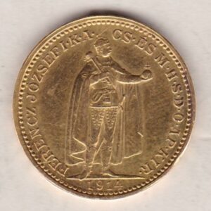 1914 Hungary Gold 20 Korona coin featuring the Emperor Francis Joseph I on the reverse. The obverse features a crowned shield with angel supporters.