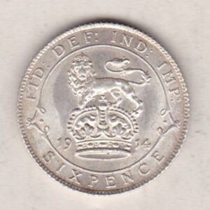 1914 Silver Sixpence coin featuring King George V on the Obverse. The Reverse features a crowned lion with date and denomination.