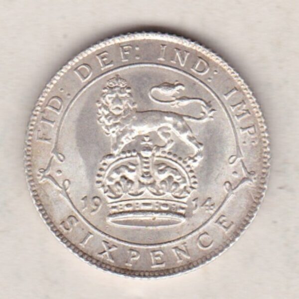 1914 Silver Sixpence coin featuring King George V on the Obverse. The Reverse features a crowned lion with date and denomination.