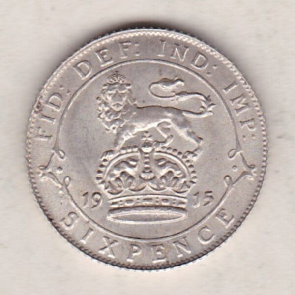 1915 Silver Sixpence coin featuring King George V on the Obverse. The Reverse features a crowned lion with date and denomination.