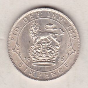 1916 Silver Sixpence coin featuring King George V on the Obverse. The Reverse features a crowned lion with date and denomination.