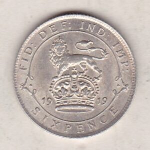 1919 Silver Sixpence coin featuring King George V on the Obverse. The Reverse features a crowned lion with date and denomination.