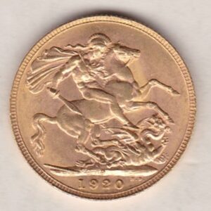 1920 P Gold Sovereign Coin. The coin features King George V on the Obverse. St George and the dragon on the reverse. The P - Perth, Australia mintmark.