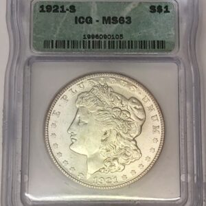 1921 S Silver USA Morgan Dollar coin featuring lady liberty on the obverse. The eagle holding arrows and an olive branch on the reverse.