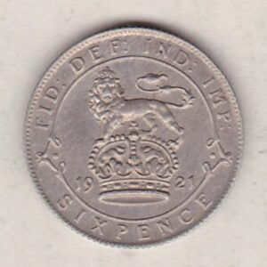 1921 Silver Sixpence coin featuring King George V on the Obverse. The Reverse features a crowned lion with date and denomination.