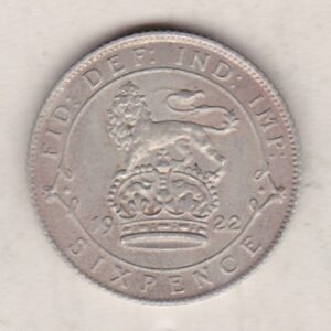 1922 Silver Sixpence coin featuring King George V on the Obverse. The Reverse features a crowned lion with date and denomination.