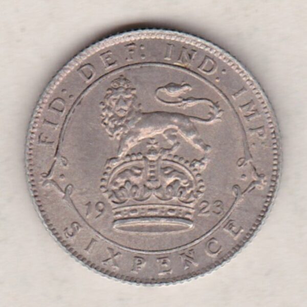 1923 Silver Sixpence coin featuring King George V on the Obverse. The Reverse features a crowned lion with date and denomination.