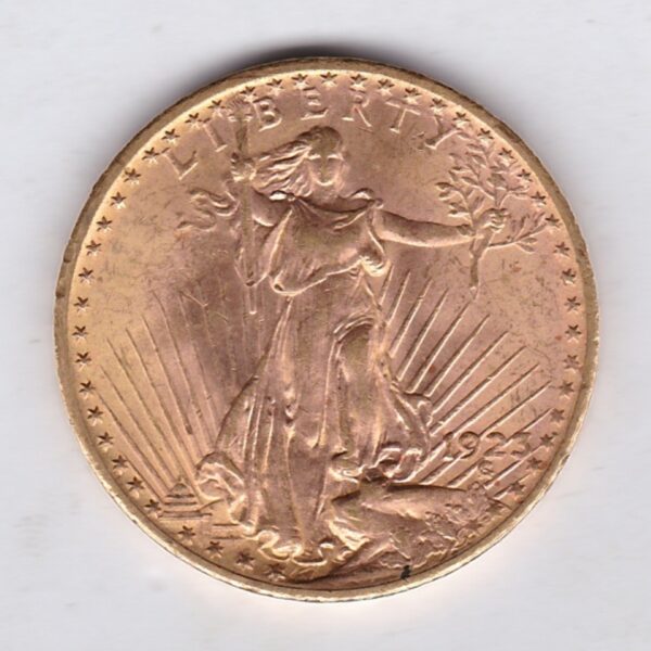 1923 USA Twenty Dollars coin featuring the Lady Liberty on the Obverse. The eagle in flight with sunshine in the background on the Reverse.