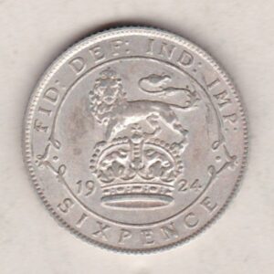 1924 Silver Sixpence coin featuring King George V on the Obverse. The Reverse features a crowned lion with date and denomination.