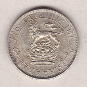 1926 Silver Sixpence Modified Effigy coin featuring King George V on the Obverse. The Reverse features a crowned lion with date and denomination.