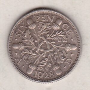 1928 Silver Sixpence coin featuring King George V on the Obverse. The Reverse features three oak sprigs with date and denomination.