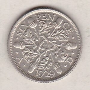 1929 Silver Sixpence coin featuring King George V on the Obverse. The Reverse features three oak sprigs with date and denomination.