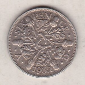 1932 Silver Sixpence coin featuring King George V on the Obverse. The Reverse features three oak sprigs with date and denomination.