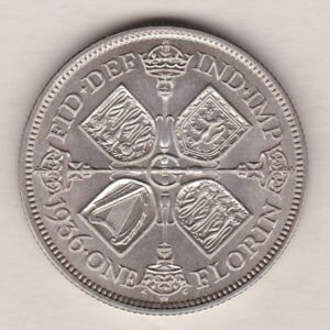 1936 Silver Florin coin. The portrait of King George V on the Obverse. The cruciform crowned sceptres around central G on the reverse.