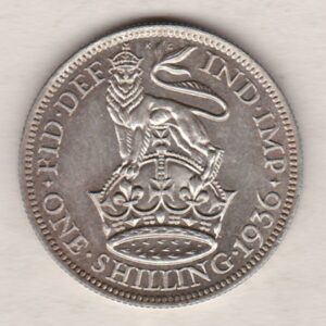 1936 Silver Shilling coin featuring King George V on the Obverse. The Reverse features a crowned lion with date and denomination.