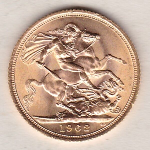 1962 Gold Sovereign Coin featuring the first portrait of Queen Elizabeth II on the Obverse. St George and the Dragon on the Reverse.