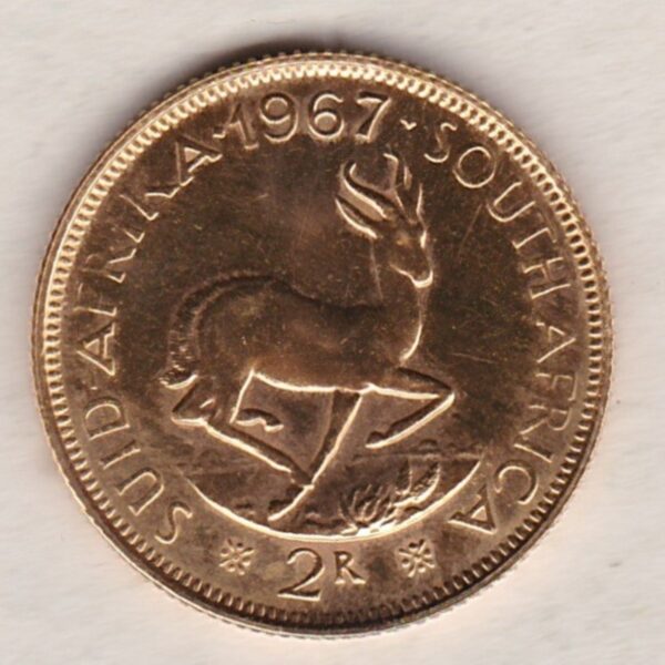 1967 South Africa Gold Two Rand coin. The obverse features the portrait of Jan van Riebeeck. The springbok on the Reverse.