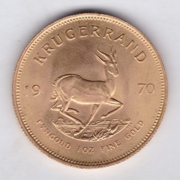 1970 South Africa Gold One Ounce Krugerrand. Investment one ounce gold coin featuring Paul Kruger on the Obverse. The springbok on the Reverse.