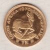 1970 South Africa Gold One Rand coin. The obverse features the portrait of Jan van Riebeeck. The springbok on the Reverse.