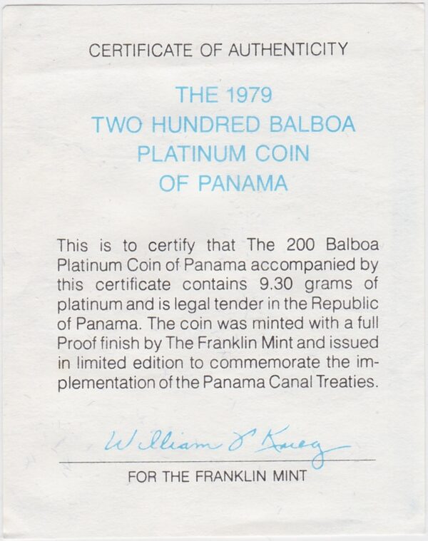 1979 Panama Platinum Proof Two Hundred Balboa - Image 3