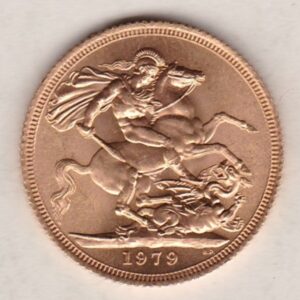 1979 Gold Sovereign Coin. This coin features the second portrait of Queen Elizabeth II on the obverse. St George and dragon on the reverse.