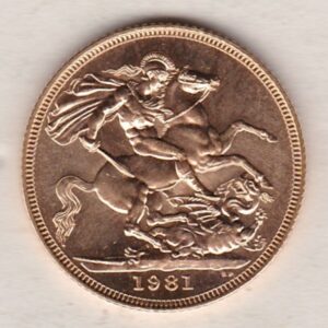 1981 Gold Sovereign Coin. This coin features the second portrait of Queen Elizabeth II on the obverse. St George and dragon on the reverse.