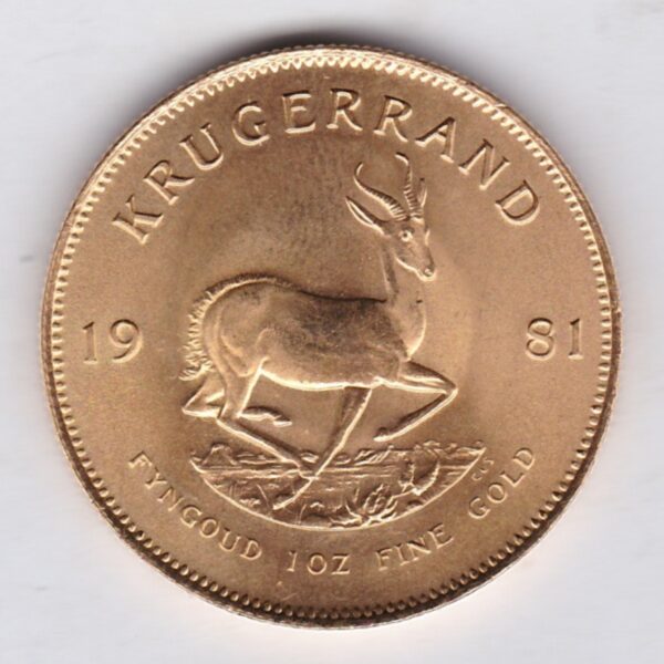 1981 South Africa Gold One Ounce Krugerrand. Investment one ounce gold coin featuring Paul Kruger on the Obverse. The springbok on the Reverse.