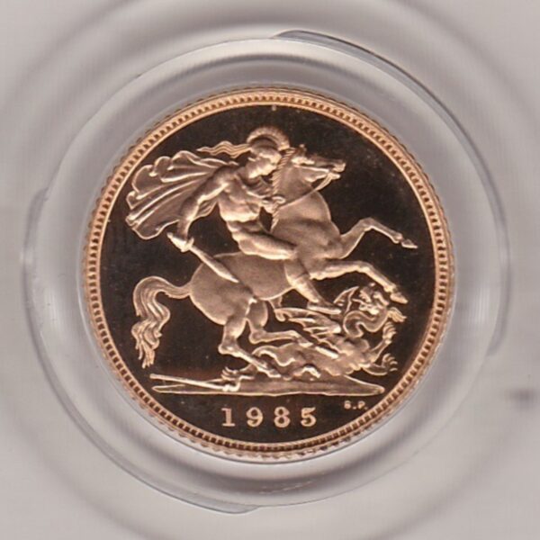 1985 gold proof half sovereign coin in capsule. This coin features Queen Elizabeth II on the obverse and St George and the dragon on the Reverse.