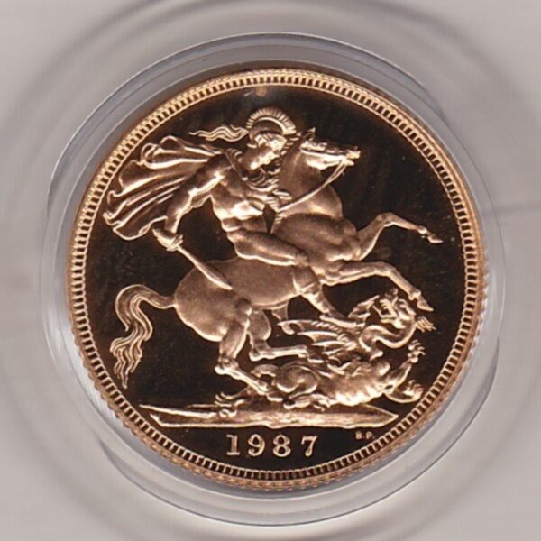 1987 gold proof sovereign coin featuring queen Elizabeth II on the Obverse & St George and the Dragon Reverse. This coin was issued as a proof only.