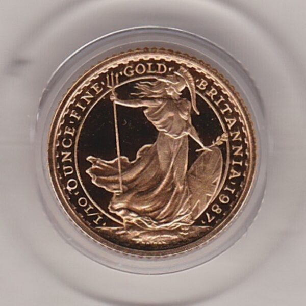 1987 Gold Proof Tenth Ounce Britannia coin featuring Queen Elizabeth II on the Obverse. The standing Britannia holding a trident features on the Reverse.