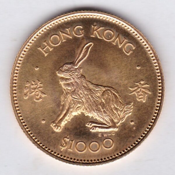 1987 Hong Kong Gold 1000 Dollars Coin. The obverse features the portrait of Queen Elizabeth II. The coin was issued to commemorate the year of the rabbit.