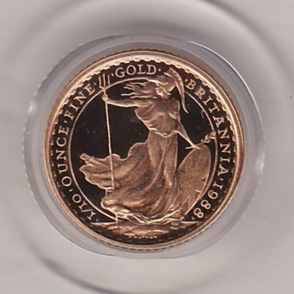 1988 Gold Proof Tenth Ounce Britannia coin featuring Queen Elizabeth II on the Obverse. The standing Britannia holding a trident features on the Reverse.