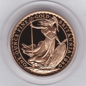 1989 Gold Proof One Ounce Britannia coin. Queen Elizabeth II obverse. The standing Britannia design on the reverse. One ounce coin.