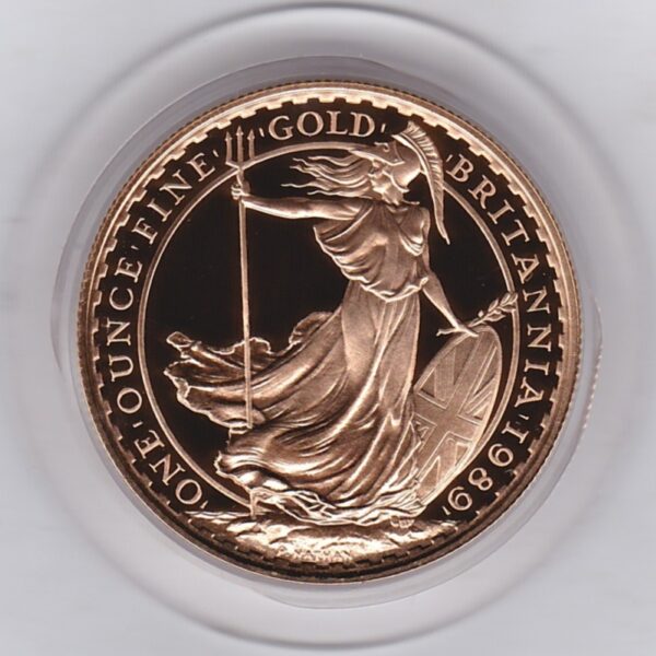 1989 Gold Proof One Ounce Britannia coin. Queen Elizabeth II obverse. The standing Britannia design on the reverse. One ounce coin.