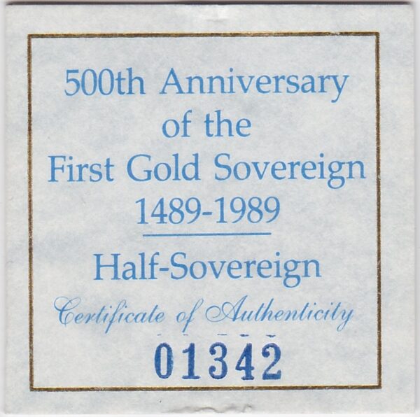 1989 Gold Proof Half Sovereign - 500th Anniversary - Image 3