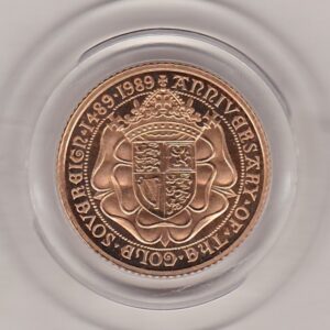 1989 gold proof half sovereign coin. 500th Anniversary of the first hammered gold Sovereign in 1489. This coin comes as issued by the royal mint.