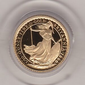 1996 Gold Proof Tenth Ounce Britannia coin featuring Queen Elizabeth II on the Obverse. The standing Britannia holding a trident features on the Reverse.