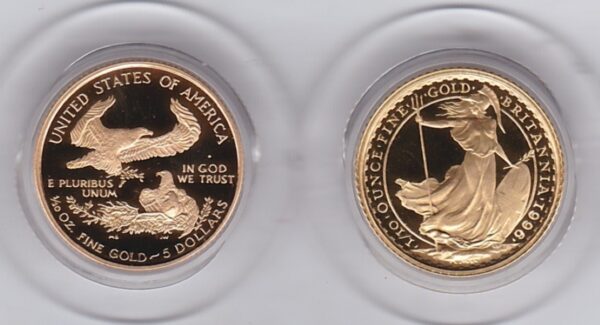 1996 Ladies Of Freedom Gold Set. The two coins are one tenth ounce Britannia and one tenth ounce USA eagle. This set comes boxed with certificates.