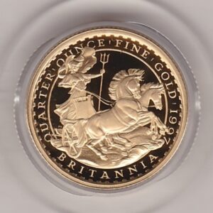 1997 Gold Proof Quarter Ounce Britannia coin features Queen Elizabeth II on the Obverse. Standing Britannia on the Reverse. Quarter ounce gold coin.