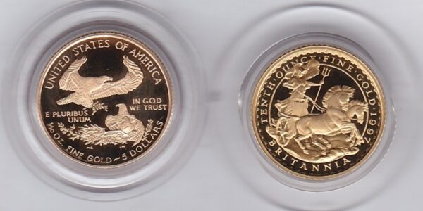 1997 Ladies Of Freedom Gold Set. The two coins are one tenth ounce Britannia and one tenth ounce USA eagle. This set comes boxed with certificates.