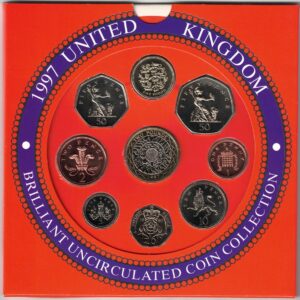 1997 Royal Mint Brilliant Uncirculated Nine Coin Set . This 1997 set comes with card outer. All coins are in stock for despatch